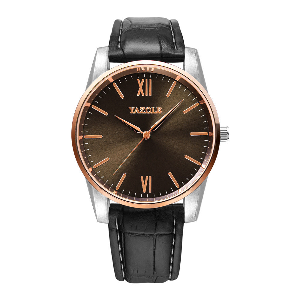 Watch with black leather strap and brown dial on a white background