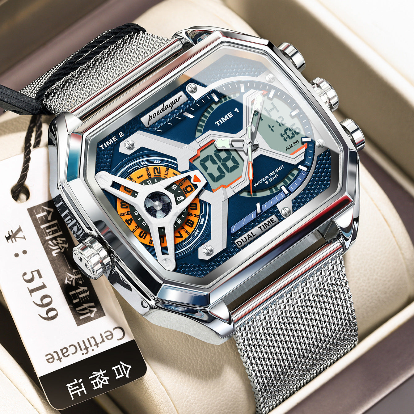 Luxury watch with a silver mesh strap and detailed face, displayed with a certificate of authenticity.